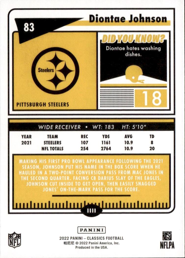 2022 Panini Classics Football Base #83 Pittsburgh Steelers (Diontae Johnson)