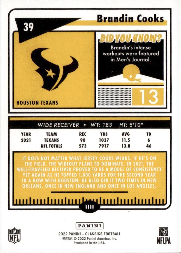 2022 Panini Classics Football Base #39 Houston Texans (Brandin Cooks)
