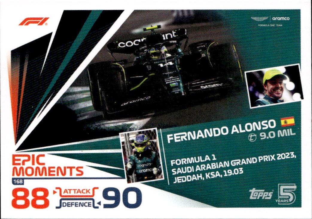 2024 Topps Turbo Attax F1 Racing Base #168 Aston Martin Aramco Cognizant F1 Team (Fernando Alonso)