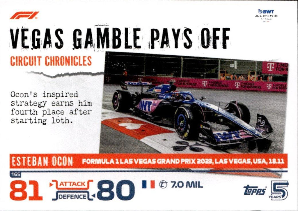 2024 Topps Turbo Attax F1 Racing Base #165 BWT Alpine F1 Team (Esteban Ocon)