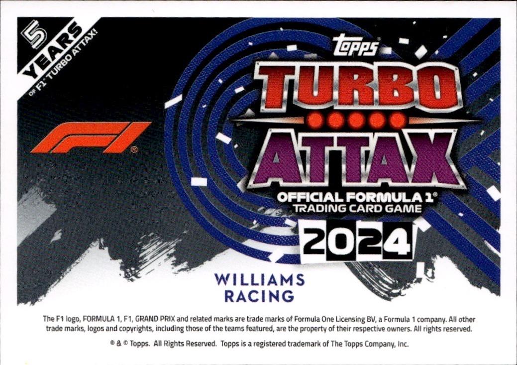 2024 Topps Turbo Attax F1 Racing Base #154 Williams Racing (Alex Albon)
