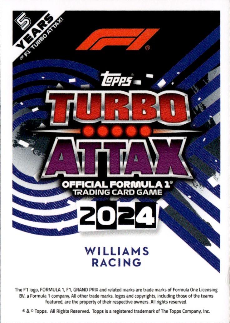 2024 Topps Turbo Attax F1 Racing Base #192 Williams Racing (Alex Albon)