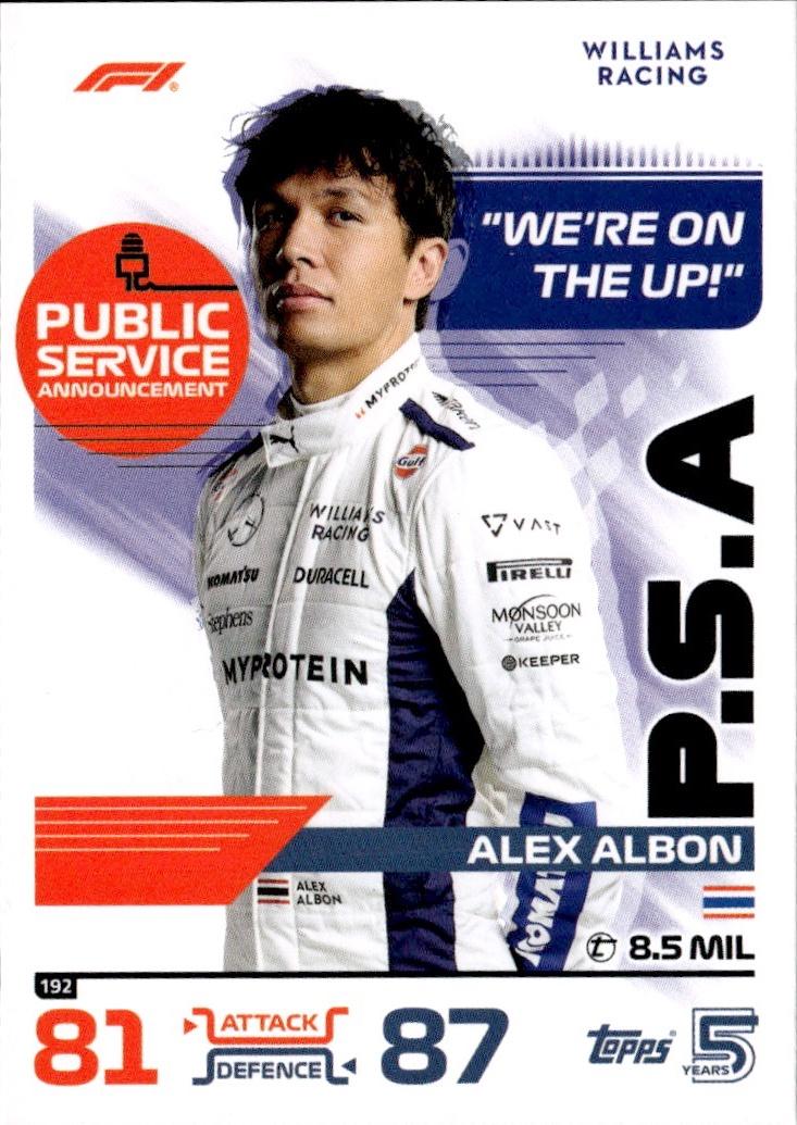 2024 Topps Turbo Attax F1 Racing Base #192 Williams Racing (Alex Albon)