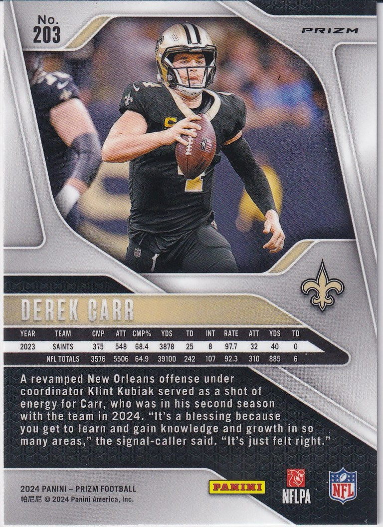 2024 Panini Prizm Football Base Silver #203 New Orleans Saints, Derek Carr