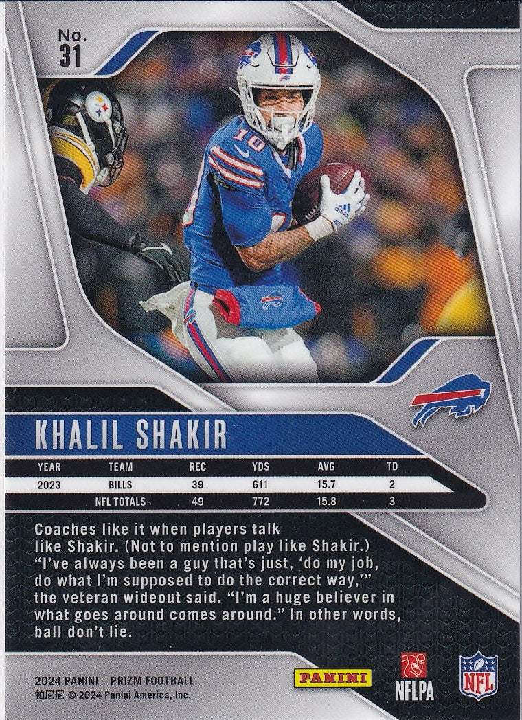 2024 Panini Prizm Football Base #31 Buffalo Bills, Khalil Shakir