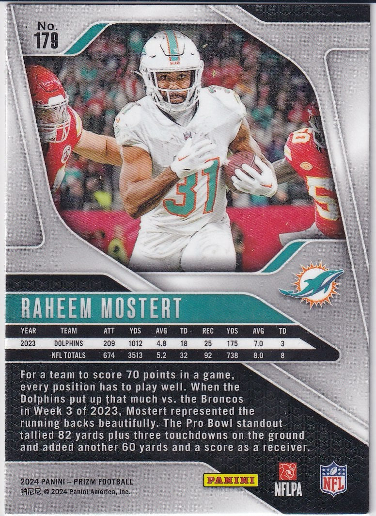 2024 Panini Prizm Football Base #179 Miami Dolphins, Raheem Mostert