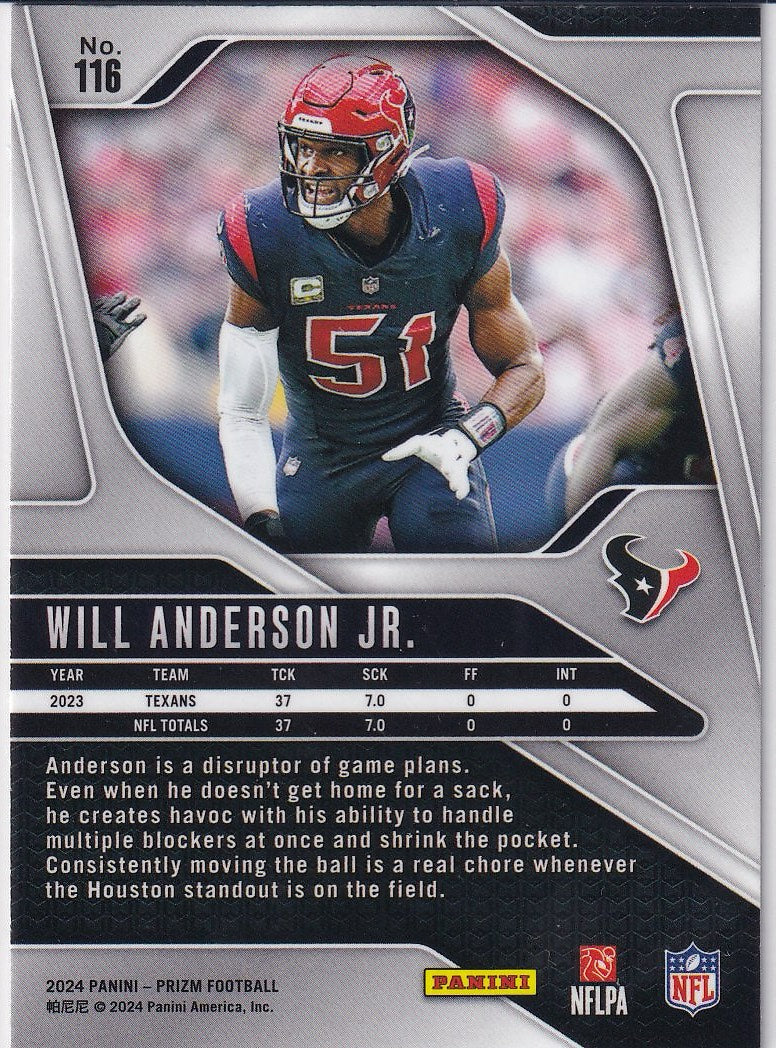 2024 Panini Prizm Football Base #116 Houston Texans, Will Anderson Jr.
