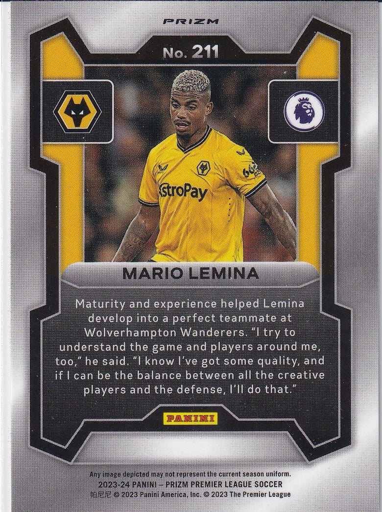 2023-24 Panini Prizm Premier League Soccer Base Silver #211 Wolverhampton Wanderers, Mario Lemina