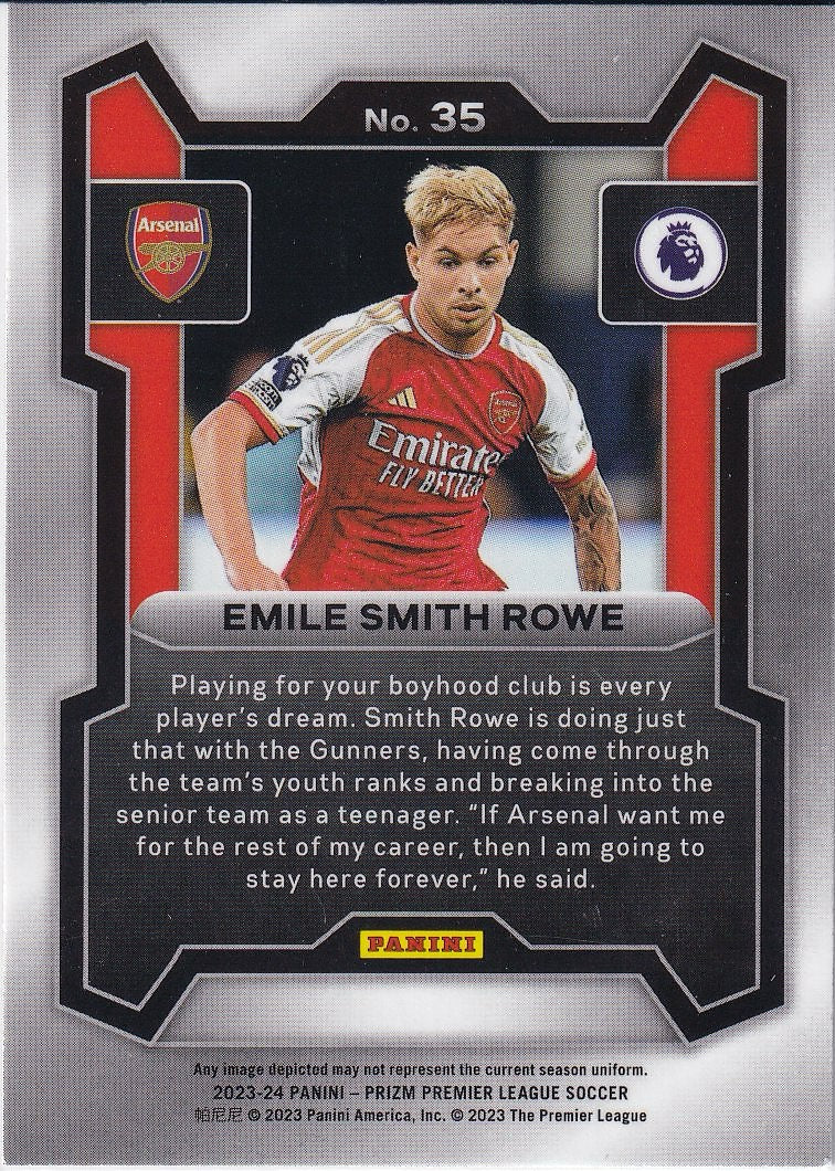 2023-24 Panini Prizm Premier League Soccer Base #35 Arsenal FC, Emile Smith Rowe