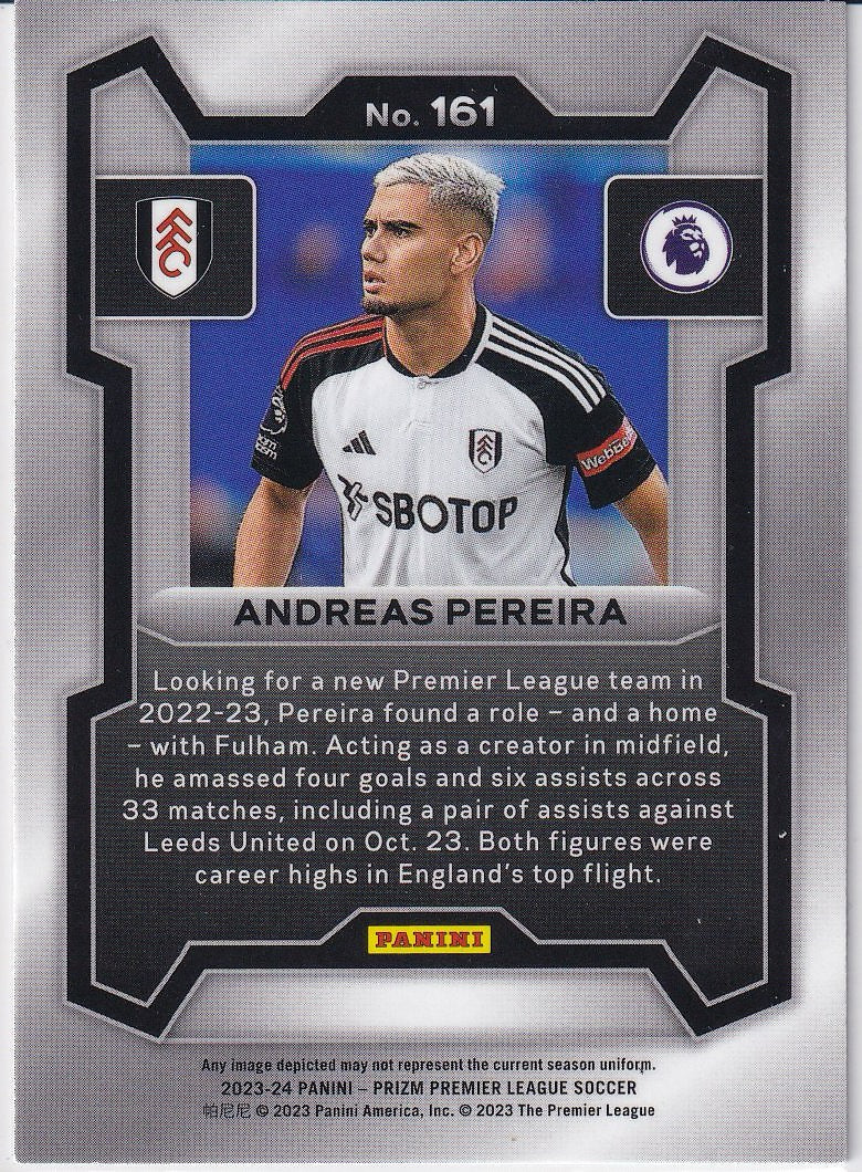 2023-24 Panini Prizm Premier League Soccer Base #161 Fulham, Andreas Pereira