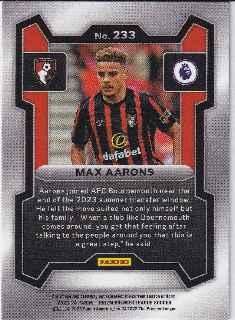 2023-24 Panini Prizm Premier League Soccer Base #233 AFC Bournemouth, Max Aarons