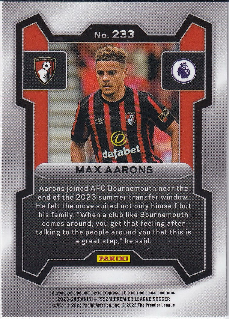 2023-24 Panini Prizm Premier League Soccer Base #233 AFC Bournemouth, Max Aarons