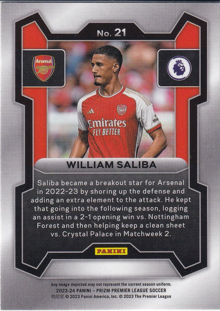 2023-24 Panini Prizm Premier League Soccer Base #21 Arsenal FC, William Saliba