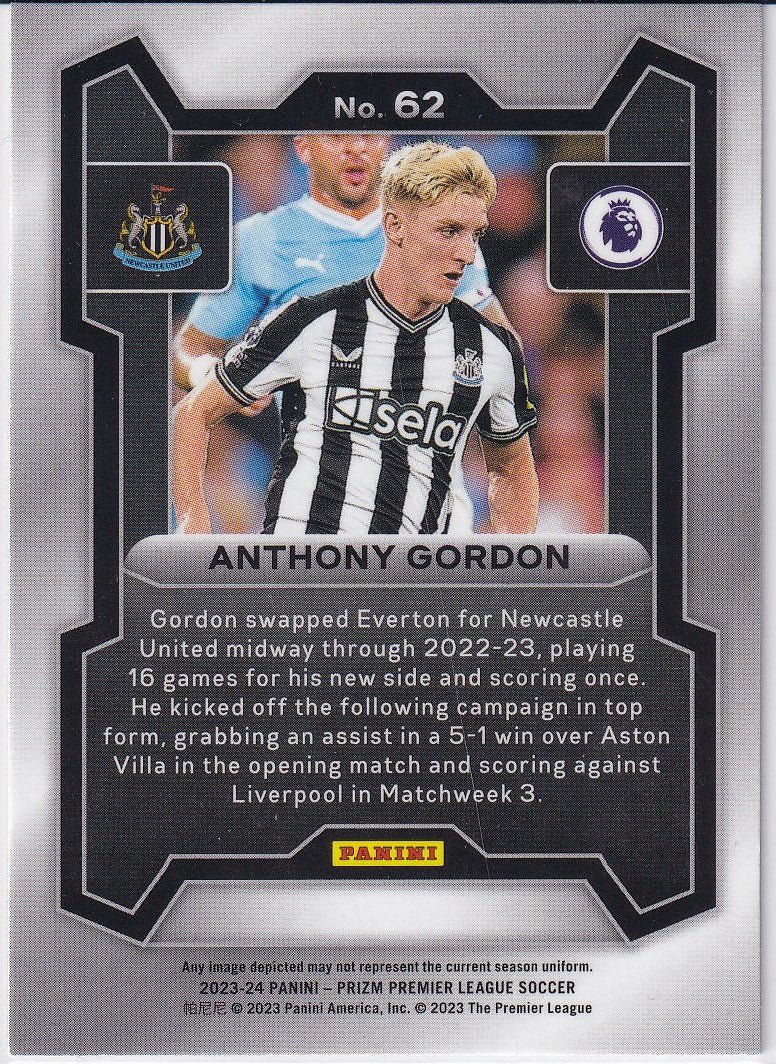 2023-24 Panini Prizm Premier League Soccer Base #62 Newcastle United, Anthony Gordon