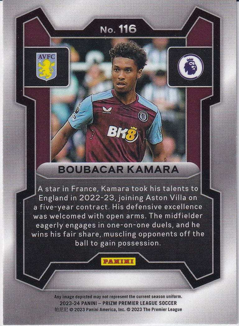 2023-24 Panini Prizm Premier League Soccer Base #116 Aston Villa (Boubacar Kamara)