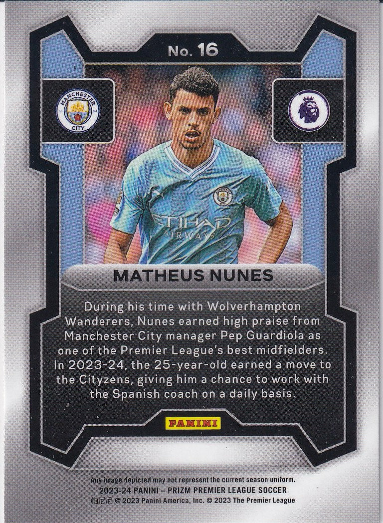 2023-24 Panini Prizm Premier League Soccer Base #16 Manchester City (Matheus Nunes)