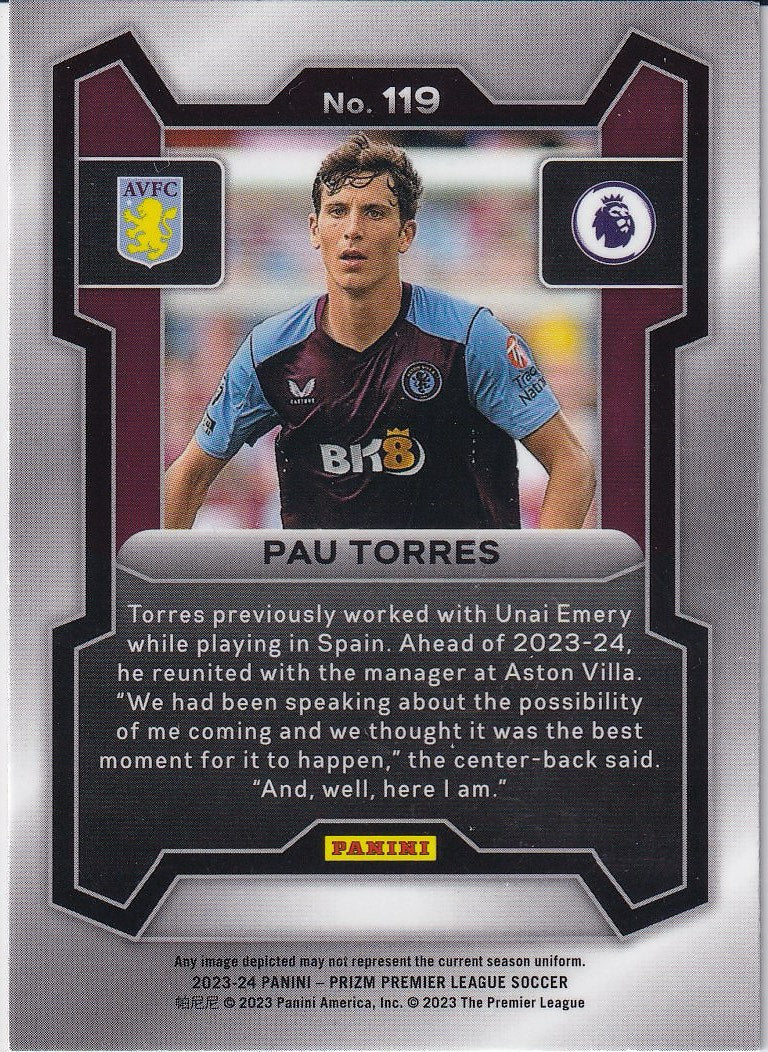 2023-24 Panini Prizm Premier League Soccer Base #119 Aston Villa (Pau Torres)