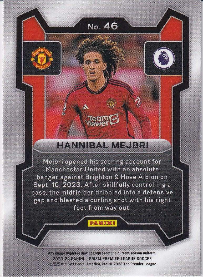 2023-24 Panini Prizm Premier League Soccer Base #46 Manchester United (Hannibal Mejbri)