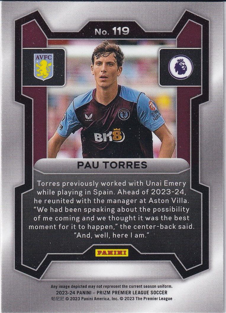 2023-24 Panini Prizm Premier League Soccer Base #119 Aston Villa (Pau Torres)