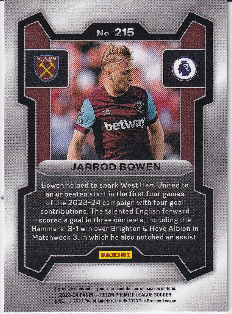 2023-24 Panini Prizm Premier League Soccer Base #215 West Ham United (Jarrod Bowen)