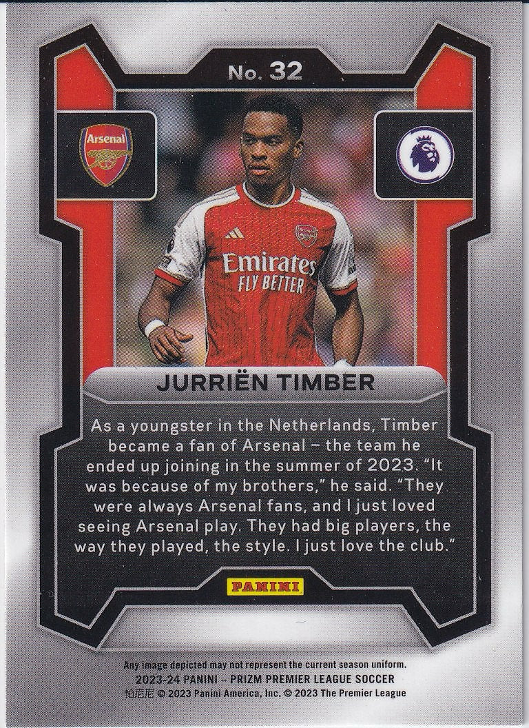 2023-24 Panini Prizm Premier League Soccer Base #32 Arsenal FC (Jurriën Timber)