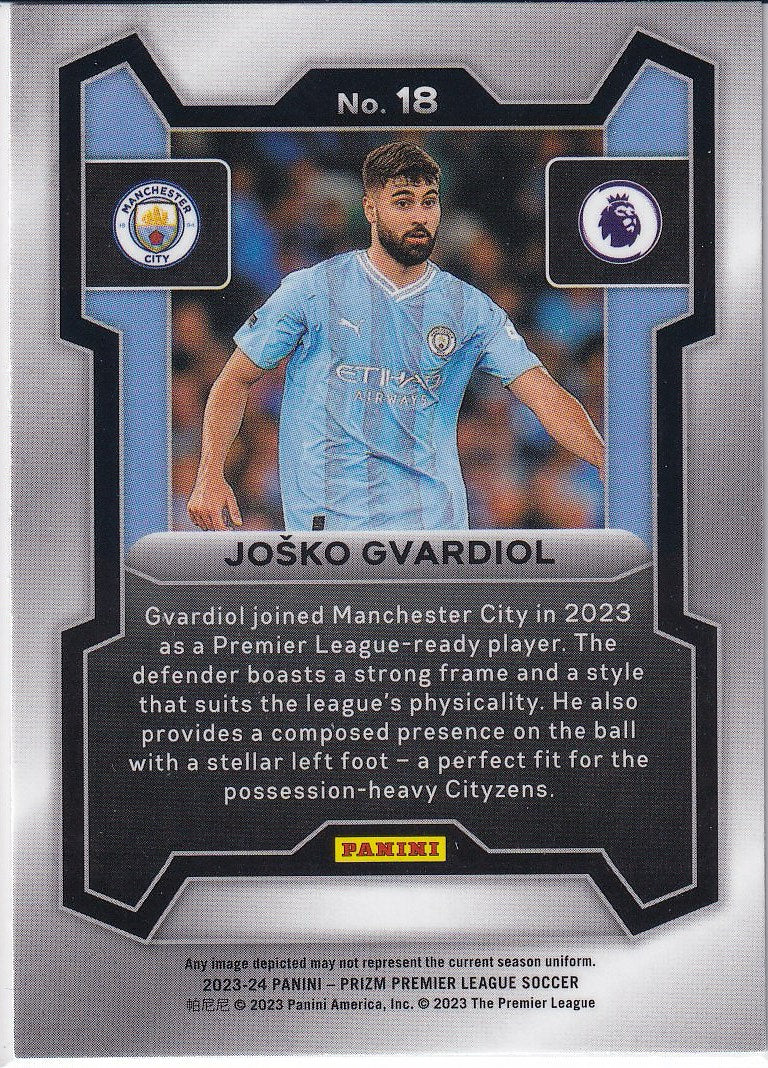 2023-24 Panini Prizm Premier League Soccer Base #18 Manchester City (Joško Gvardiol)