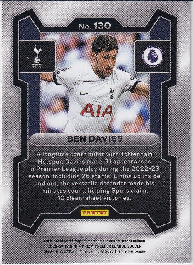 2023-24 Panini Prizm Premier League Soccer Base #130 Tottenham Hotspur (Ben Davies)
