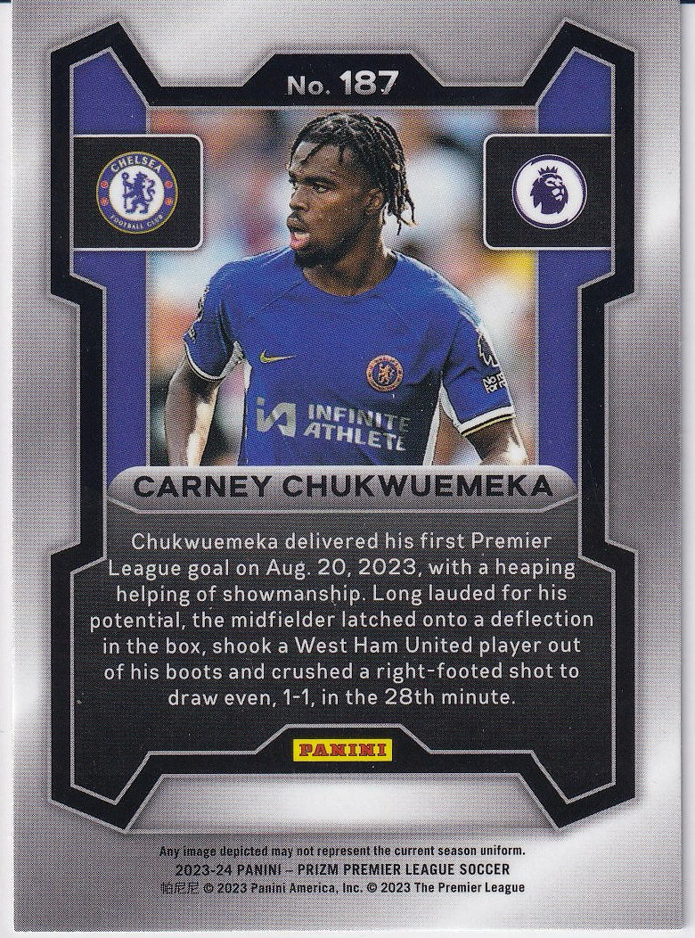 2023-24 Panini Prizm Premier League Soccer Base #187 Chelsea FC (Carney Chukwuemeka)