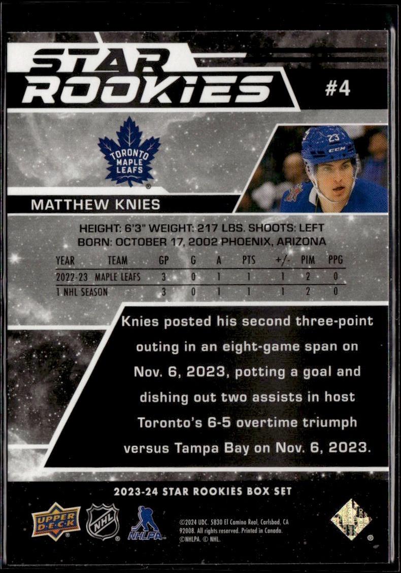 2023-24 Upper Deck NHL Star Rookies Box Set Hockey #4 Toronto Maple Leafs, Matthew Knies