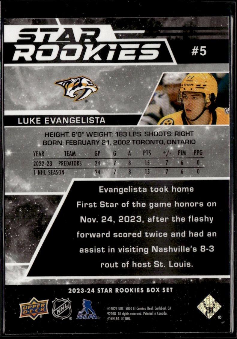 2023-24 Upper Deck NHL Star Rookies Box Set Hockey #5 Nashville Predators, Luke Evangelista
