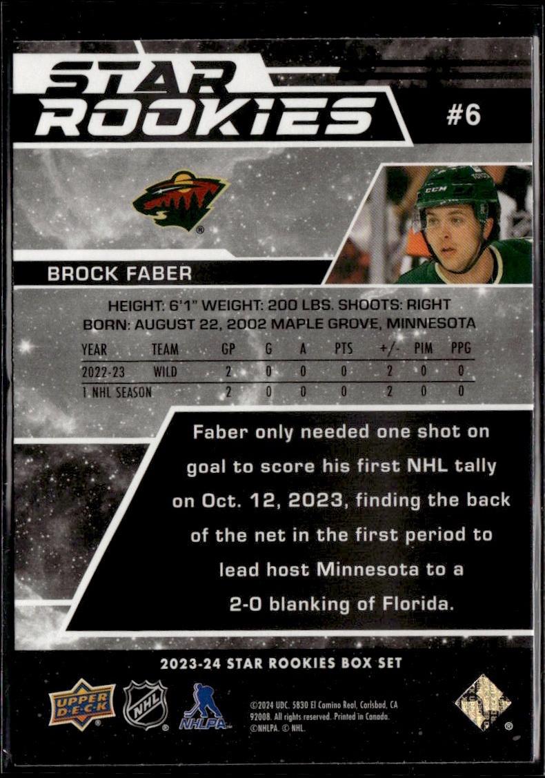 2023-24 Upper Deck NHL Star Rookies Box Set Hockey #6 Minnesota Wild, Brock Faber