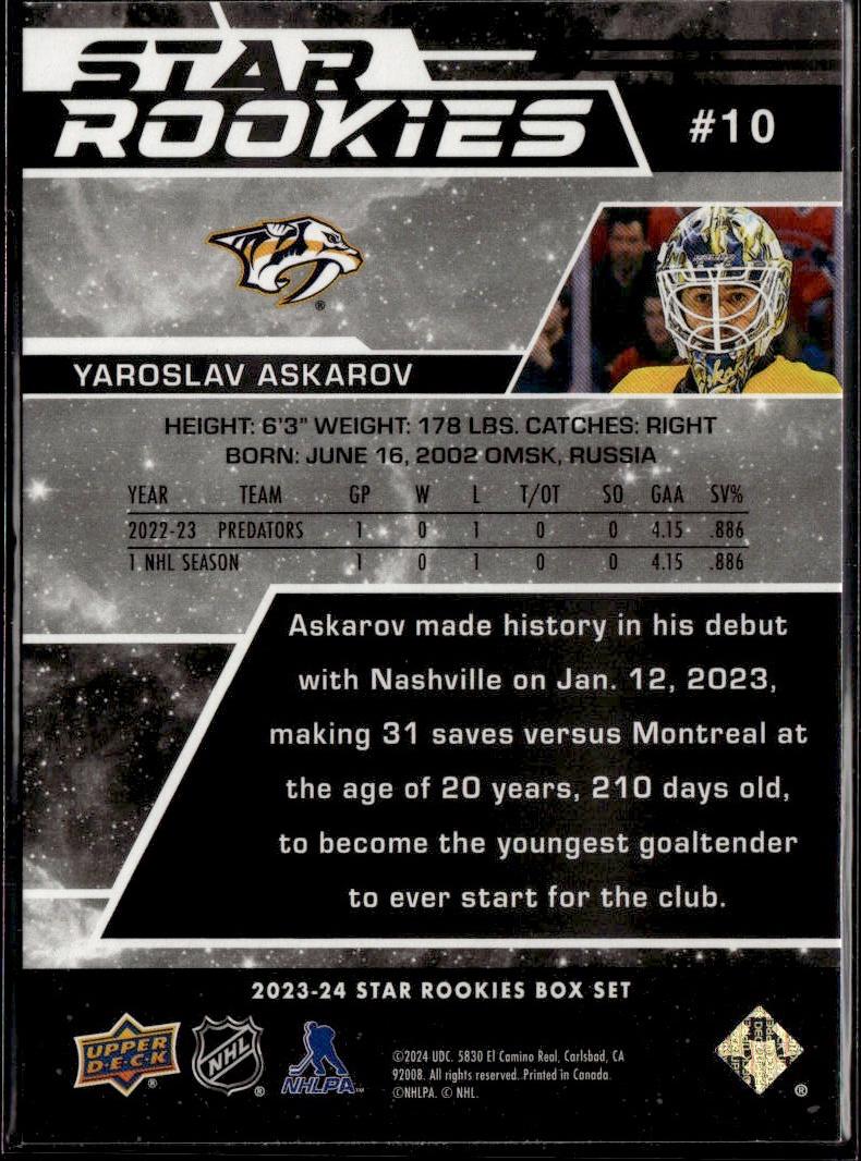 2023-24 Upper Deck NHL Star Rookies Box Set Hockey #10 Nashville Predators, Yaroslav Askarov
