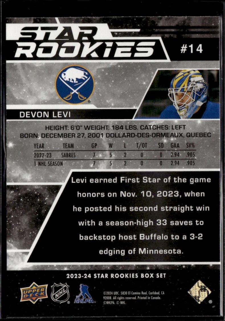 2023-24 Upper Deck NHL Star Rookies Box Set Hockey #14 Buffalo Sabres, Devon Levi