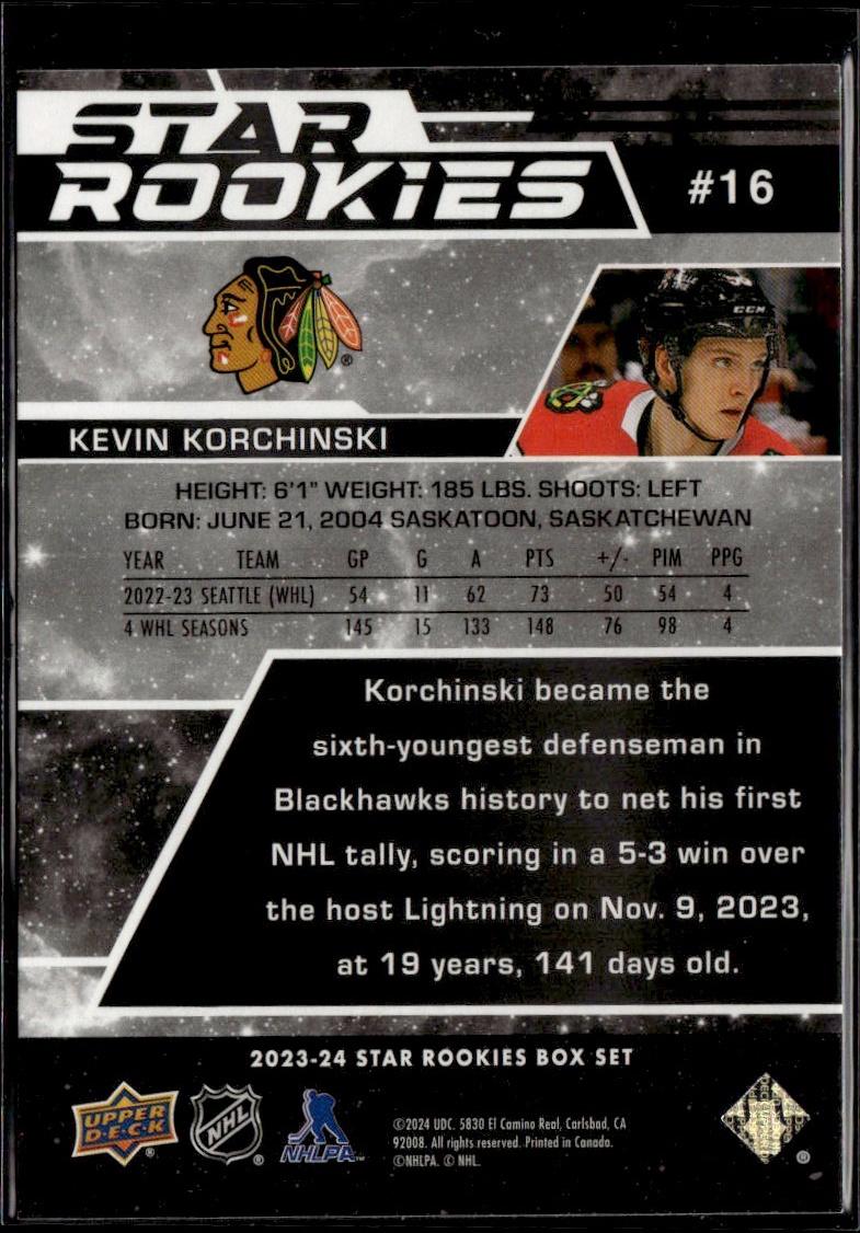 2023-24 Upper Deck NHL Star Rookies Box Set Hockey #16 Chicago Blackhawks, Kevin Korchinski