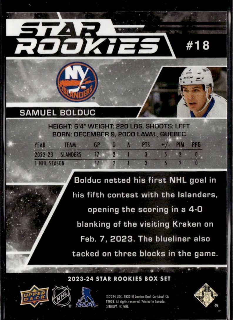 2023-24 Upper Deck NHL Star Rookies Box Set Hockey #18 New York Islanders, Samuel Bolduc