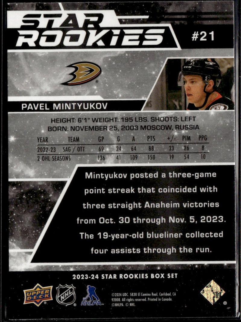 2023-24 Upper Deck NHL Star Rookies Box Set Hockey #21 Anaheim Ducks, Pavel Mintyukov