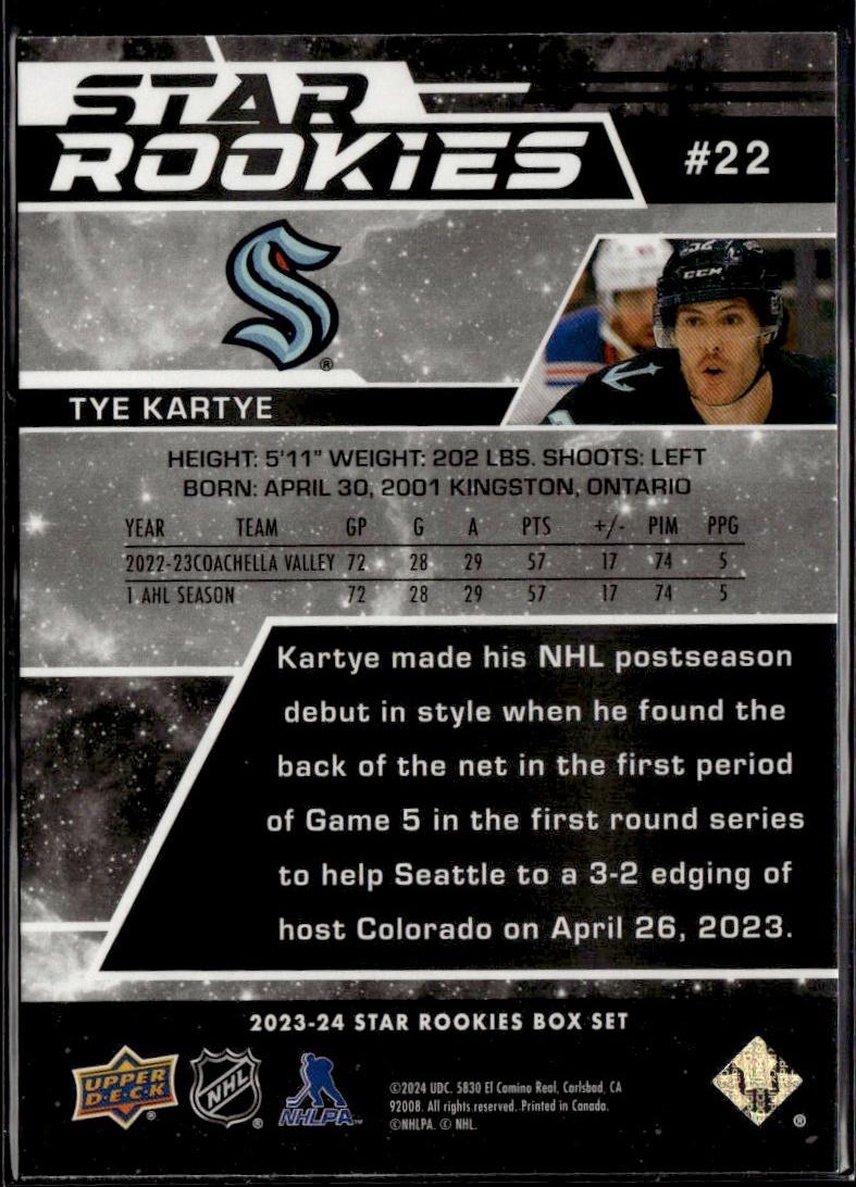 2023-24 Upper Deck NHL Star Rookies Box Set Hockey #22 Seattle Kraken, Tye Kartye