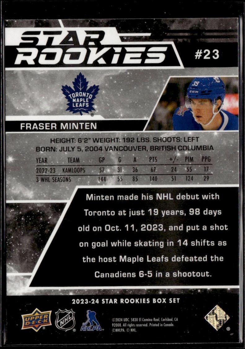 2023-24 Upper Deck NHL Star Rookies Box Set Hockey #23 Toronto Maple Leafs, Fraser Minten
