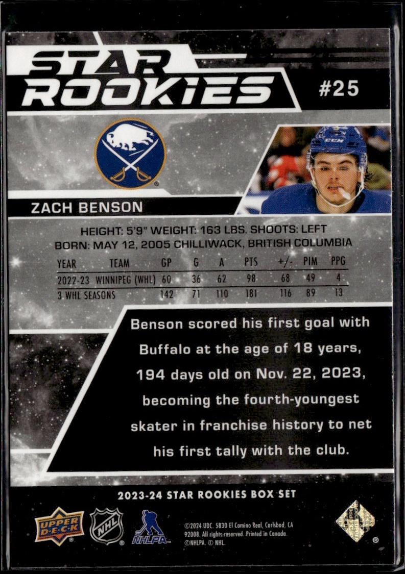 2023-24 Upper Deck NHL Star Rookies Box Set Hockey #25 Buffalo Sabres, Zach Benson