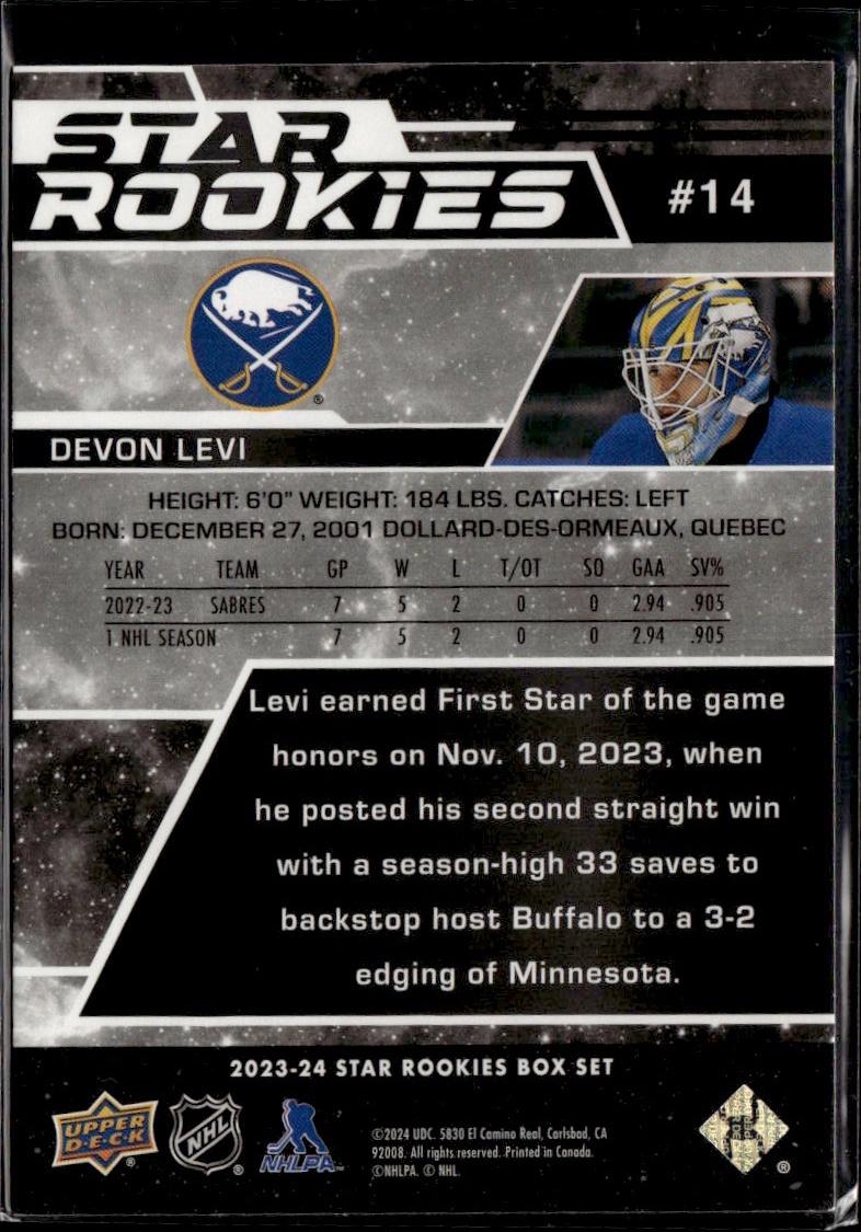 2023-24 Upper Deck NHL Star Rookies Box Set Hockey Blue #14 Buffalo Sabres, Devon Levi