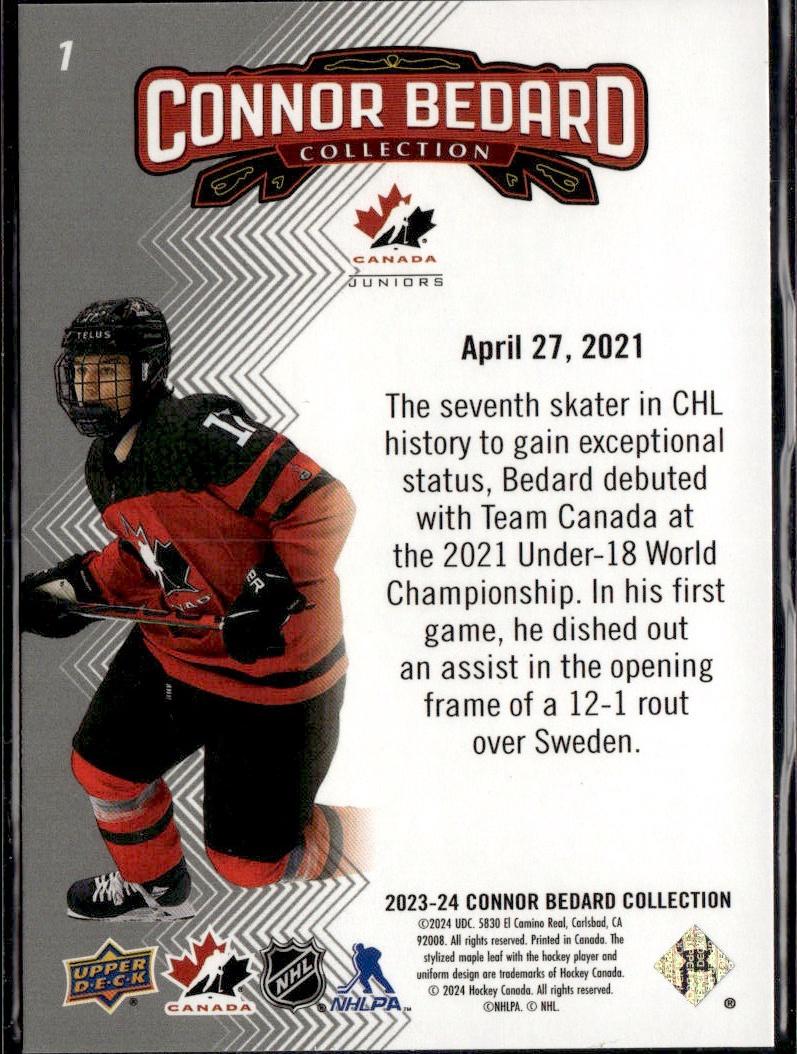 2023-24 Upper Deck Connor Bedard Collection Hockey #1 Canada, Bedard debuts for Team Canada at the 2021 U18 World Championship