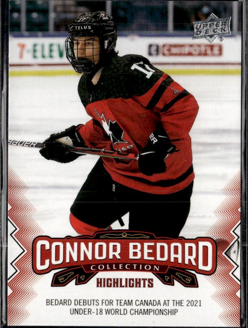 2023-24 Upper Deck Connor Bedard Collection Hockey #1 Canada, Bedard debuts for Team Canada at the 2021 U18 World Championship