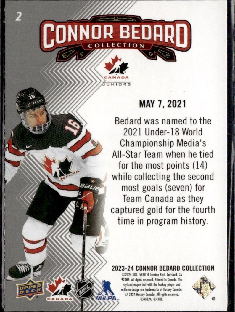 2023-24 Upper Deck Connor Bedard Collection Hockey #2 Canada, Bedard makes the 2021 U18 World Championship All-Star Team