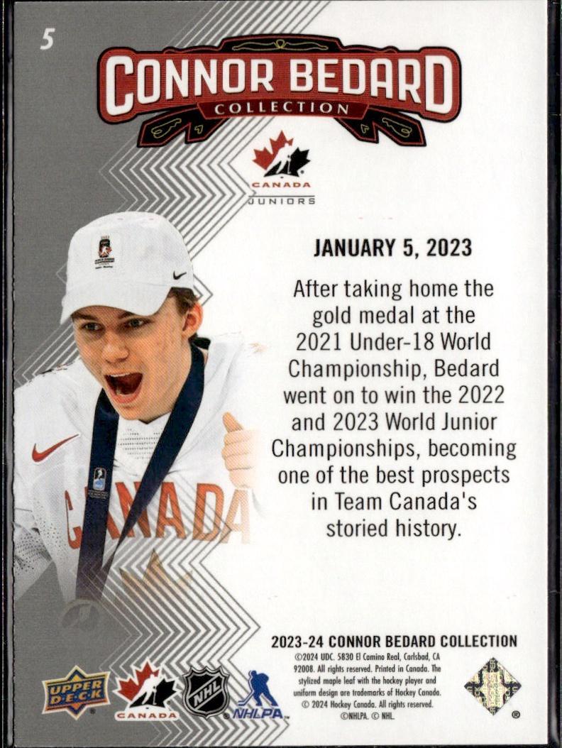 2023-24 Upper Deck Connor Bedard Collection Hockey #5 Canada, Bedard leads Team Canada to three WJ Championships