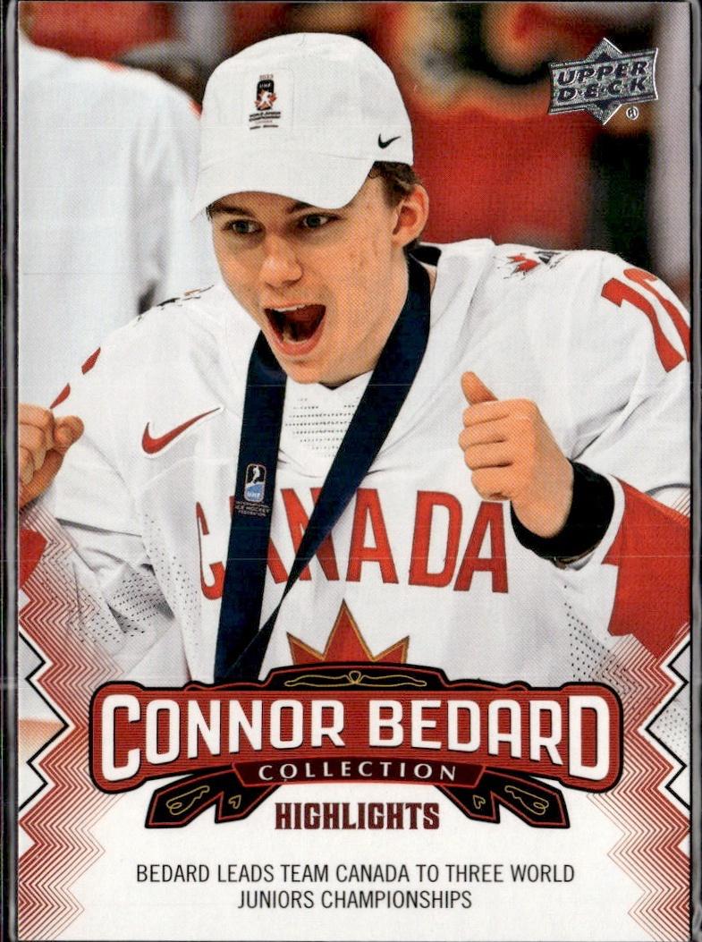 2023-24 Upper Deck Connor Bedard Collection Hockey #5 Canada, Bedard leads Team Canada to three WJ Championships