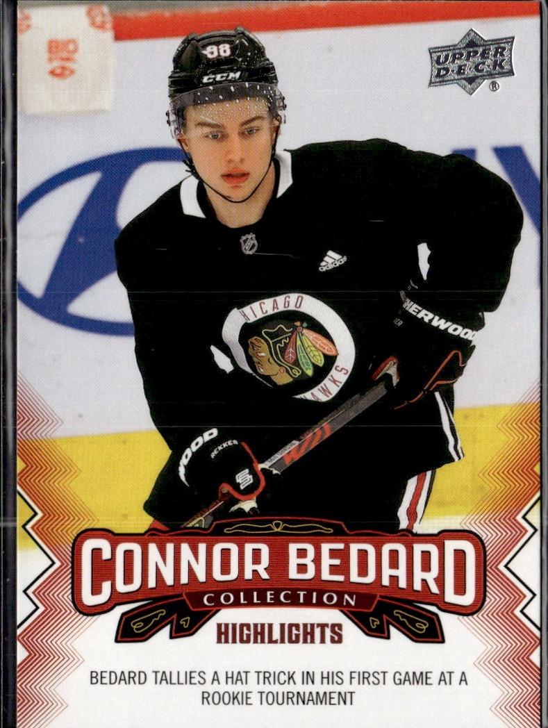 2023-24 Upper Deck Connor Bedard Collection Hockey #8 Chicago Blackhawks (Bedard tallies a hat trick in his first game at a rookie tournament )