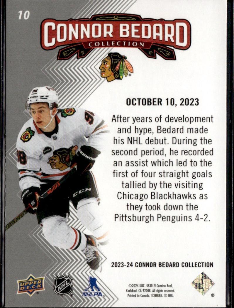 2023-24 Upper Deck Connor Bedard Collection Hockey #10 Chicago Blackhawks (Bedard makes his long-awaited NHL debut with the Chicago Blackhawks )