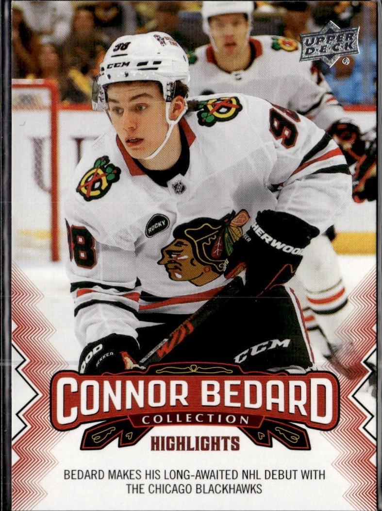 2023-24 Upper Deck Connor Bedard Collection Hockey #10 Chicago Blackhawks (Bedard makes his long-awaited NHL debut with the Chicago Blackhawks )
