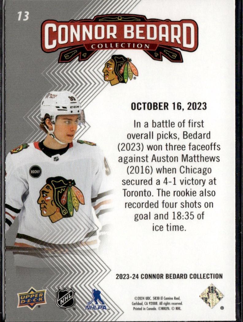 2023-24 Upper Deck Connor Bedard Collection Hockey #13 Chicago Blackhawks (Bedard and the Blackhawks defeat Matthews' Maple Leafs )
