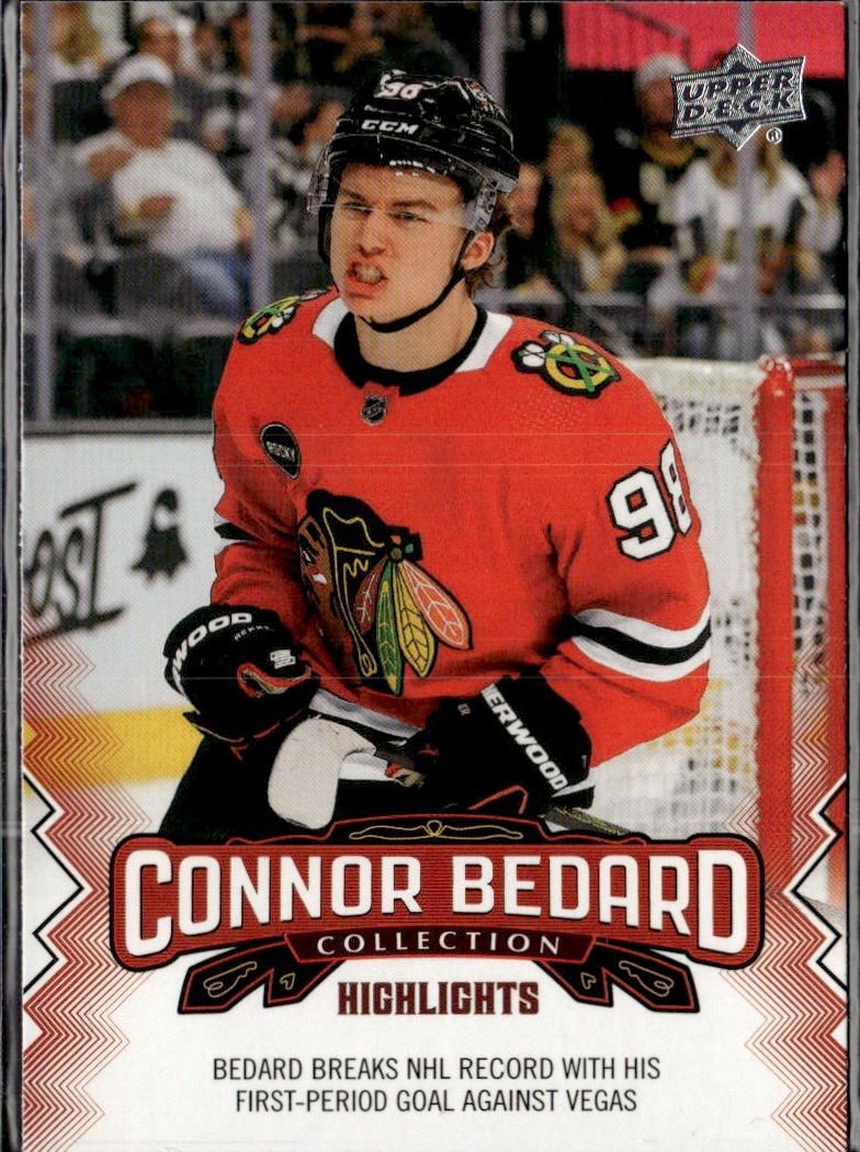 2023-24 Upper Deck Connor Bedard Collection Hockey #16 Chicago Blackhawks (Bedard breaks NHL record with his first period goal against Vegas )
